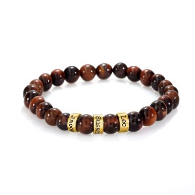 Red Tiger Eye Bracelet - Stretchy Beaded Bracelet (Gold Plated) 