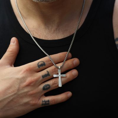Engraved Cross Necklace for Men - Sterling Silver