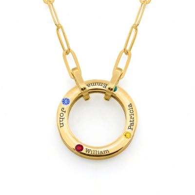 Collier Trombone Grand Cercle de Famille avec Pierres de Naissance [Plaqué Or 18ct]