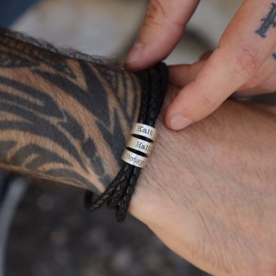 Men Leather Bracelet with Engraved Beads in Sterling Silver