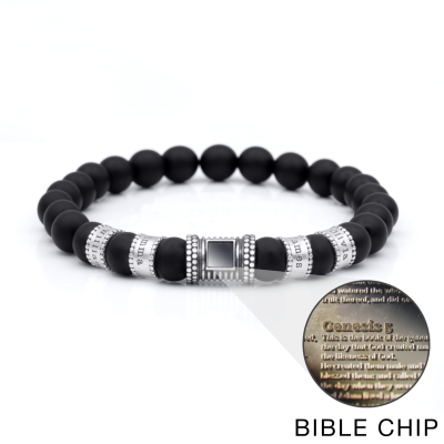 Black Onyx Men Name Bracelet With Nano Bible [Silver]
