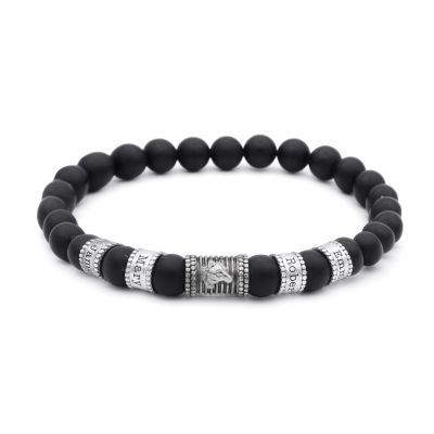 Bracelet Onyx Noir Prénom avec Loup pour Homme