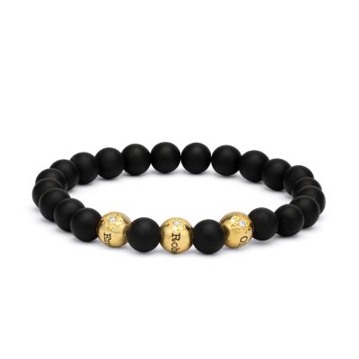 Damenarmband mit schwarzem Onyx – Namenskugeln mit Diamant [750er Gold Vermeil]