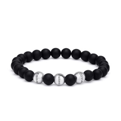 Black Onyx Beaded Bracelet - Engraved Spheres [Sterling Silver]