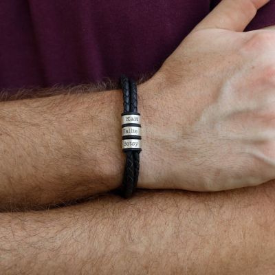 Black Leather Bracelets for Men with Custom Engravings