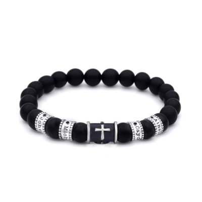Black Silver Cross Diamond Men Name Bracelet - Black Onyx 