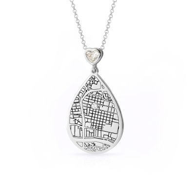 Cherished Spot Engraved Map Necklace with Heart Diamond [14 Karat White Gold]