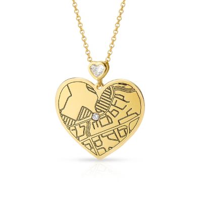 Ties of Heart Engraved Map Necklace with Heart Diamond [14 Karat Gold]