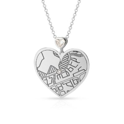 Ties of Heart Engraved Map Necklace with Heart Diamond [14 Karat White Gold]