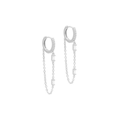 White Crystal Hoop Chain Earrings [Sterling Silver]