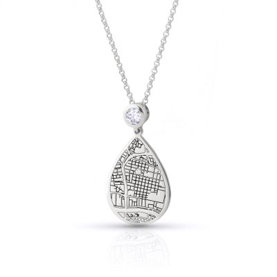 Cherished Spot Engraved Map Necklace with Diamond [14 Karat White Gold]