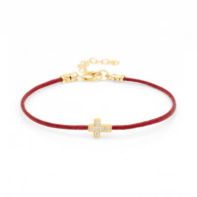 Crystal Cross Bracelet - Red Cord [18K Gold Plated]