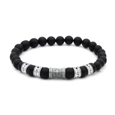 Bracelet Onyx Noir Boussole Prénoms avec Diamants pour Homme