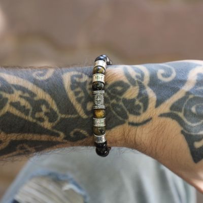 Compass Men Name Bracelet with Green Tiger Eye Stones
