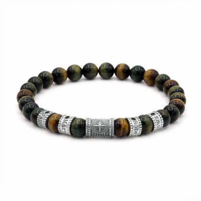 Bracelet Homme Boussole avec Diamants Noirs 0,20 ct - Oeil de Tigre Vert