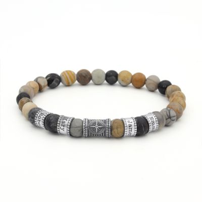 Compass Men Name Bracelet with Picasso Jasper Stones 