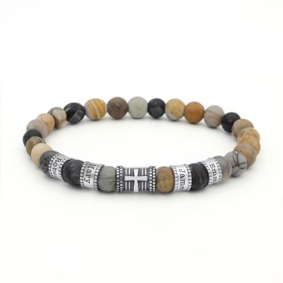 Pulsera para Hombre con Nombres y Cruz con Piedras de Jaspe Picasso