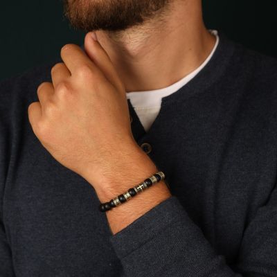Cross Men Name Bracelet With Black Onyx Stones - Vintage Yellow