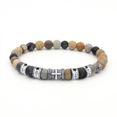 Bracelet Croix Prénoms avec Diamants Noirs 0.20ct - Jaspe Picasso