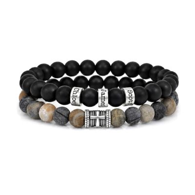Serene Black Onyx Men Name Bracelet with sterling silver charms