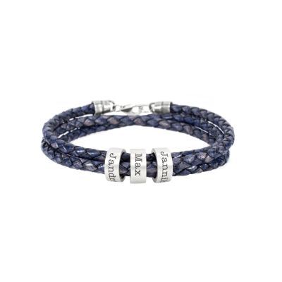 Men Dark Blue Jeans Bracelet with Engraved Spheres in Silver
