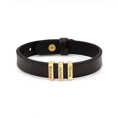 Bracelet Voyage du Nomade Gravé pour Homme - Cuir Marron Foncé [Plaqué Or 18ct]