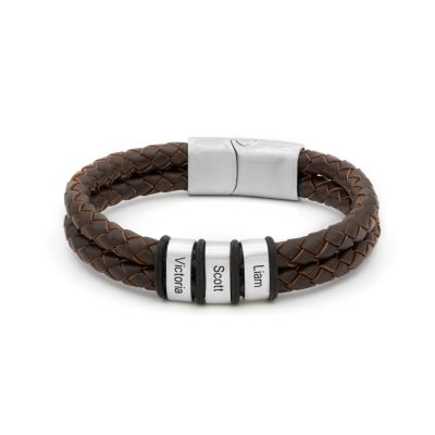 Double Layer Men Name Bracelet - Brown Leather