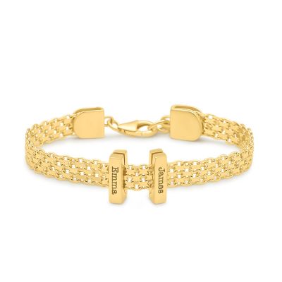 Verzaubertes Milanaise Armband mit Gravur - Balken Charm [750er Gold Vermeil]