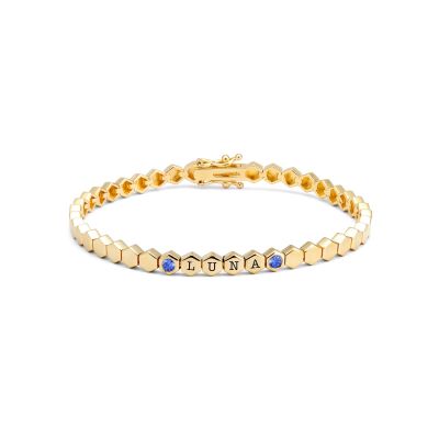 Bracelet à Initiales Mia Tennis Hexagone avec Pierres précieuses - Plaqué Or 18ct