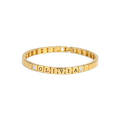  Mia Tennis Square Engraved Bracelet with Diamonds [18K Gold Plated]