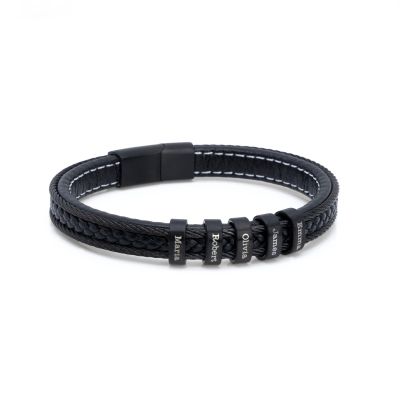 Bracelet Tressé Gravé pour Homme - Cuir Noir