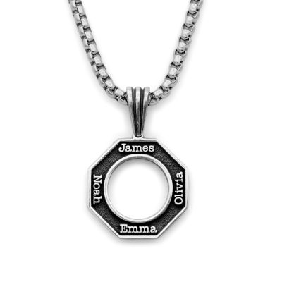 Open Octagon Men Name Necklace - Sterling Silver