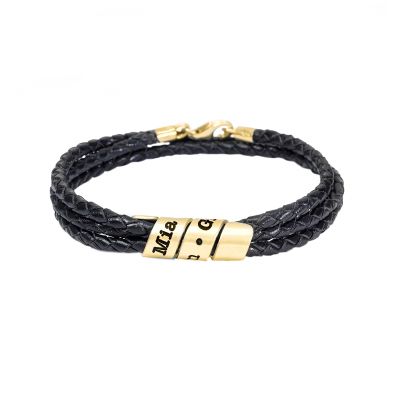 Bracelet Famille avec Prénoms pour Femme - Plaqué Or 18ct [Cuir Noir]