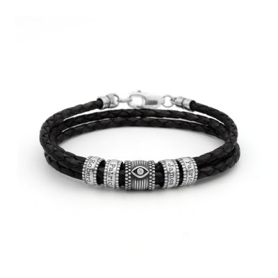 Bracelet Œil du Mal avec Prénoms pour Homme [Argent 925 / Cuir Noir]