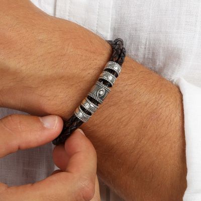 Evil Eye Men Name Bracelet in Silver [Brown Leather]