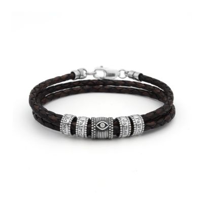 Bracelet Œil du Mal avec Prénoms pour Homme [Argent 925 / Cuir Marron]