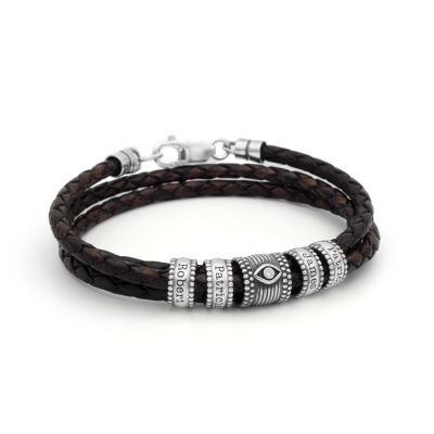 Evil Eye Men Name Bracelet in Silver [Brown Leather]