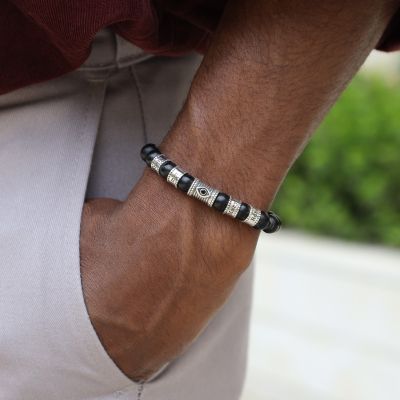 Evil Eye Men Name Bracelet with Black Onyx Stones
