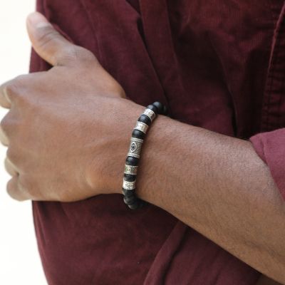 Evil Eye Men Name Bracelet with Black Onyx Stones