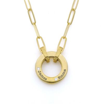 Family Circle Link Chain Name Necklace with a Diamond [14 Karat Gold]
