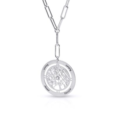 Family Circle Map Name Necklace - Styled Link Chain [Sterling Silver]