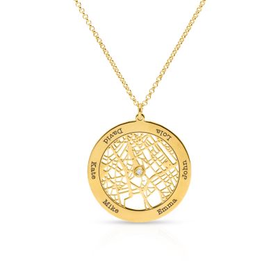 Family Circle Map Necklace with Names [14 Karat Gold]