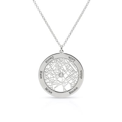 Family Circle Map Name Necklace [14 Karat White Gold]