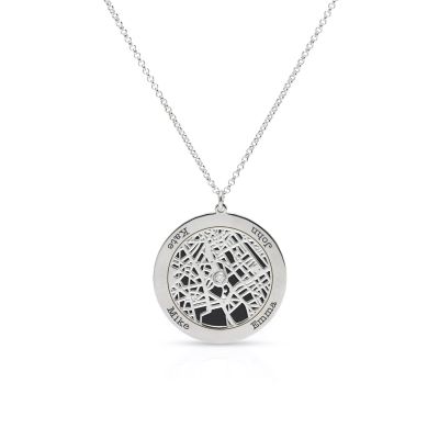 Family Circle Silhouette Map Necklace with Names [14 Karat White Gold]