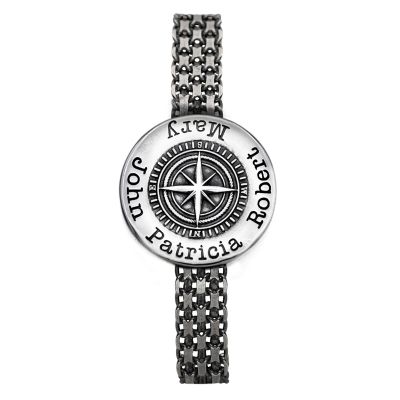 Bracelet Boussole Familiale avec Prénoms pour Femme [Argent 925 Foncé]