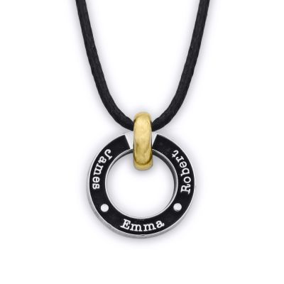 Vaterkreis Kette mit Namen – 750er Gold Vermeil / schwarze Kordel