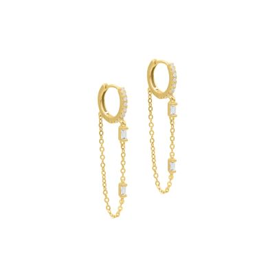 White Crystal Hoop Chain Earrings [18K Gold Plated]