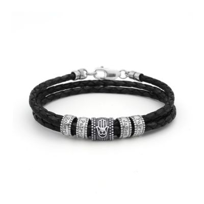 Bracelet Hamsa avec Prénoms pour Homme [Argent 925 / Cuir Noir]