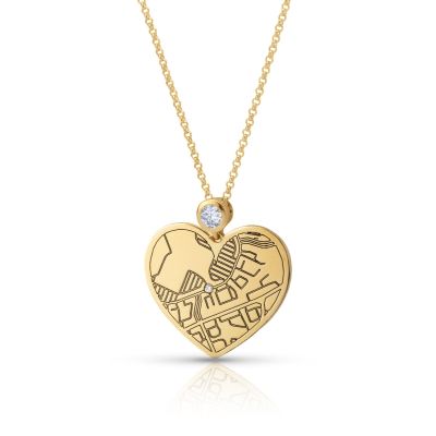 Ties of Heart Engraved Map Necklace with Diamond [14 Karat Gold]