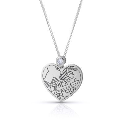 Ties of Heart Engraved Map Necklace with Diamond [14 Karat White Gold]